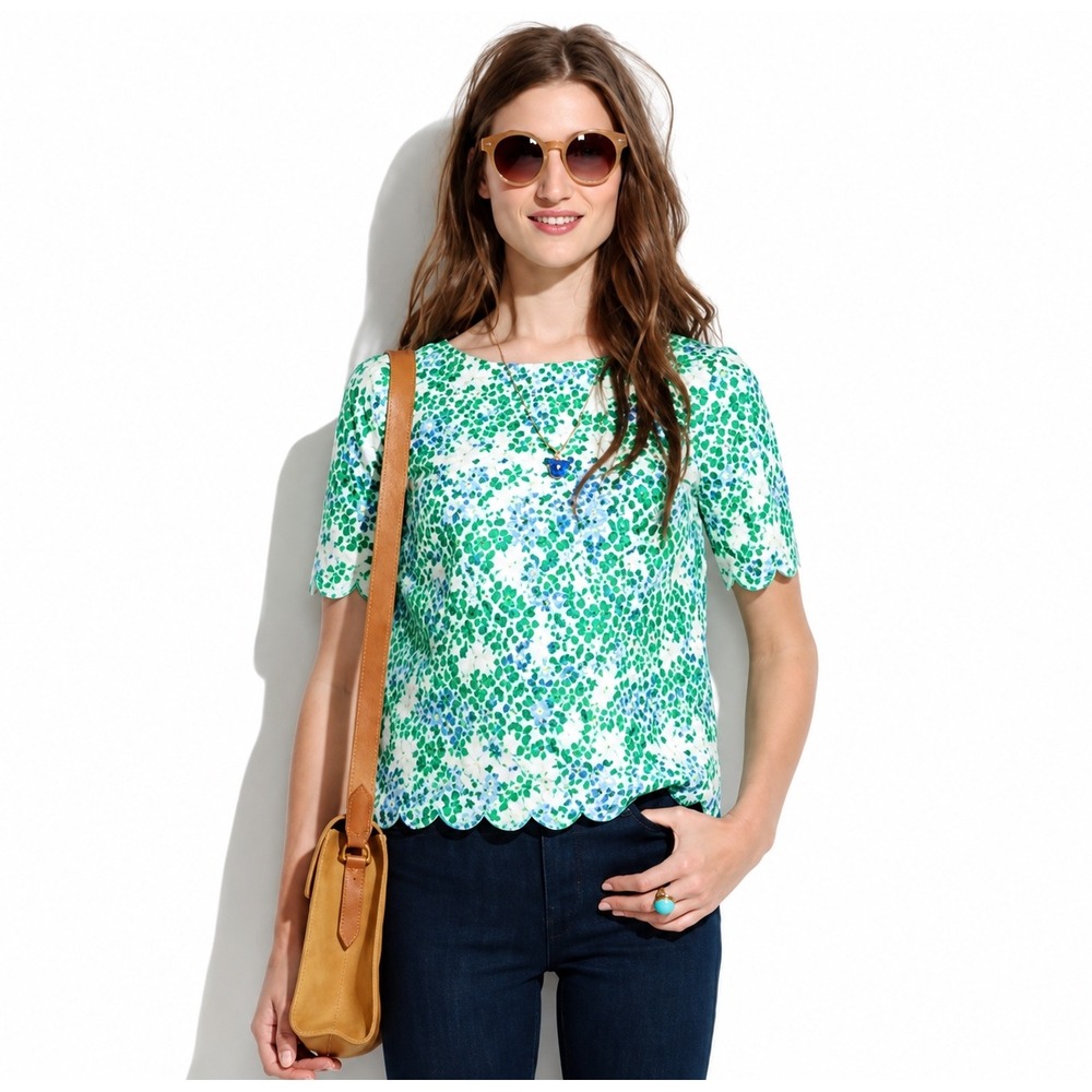 Madewell Green Blue Floral Lace Scalloped Short Sleeve Blouse Top Size S